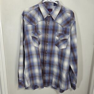 Roper Men's Blue And BrownPlaid Shirt With Pearl Snap Buttons Size XL